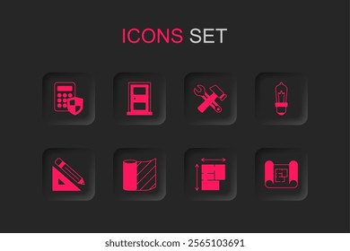 Set Wallpaper, Closed door, Security keypad access panel, House plan, Light bulb, Hammer and wrench spanner and Triangular ruler pencil icon. Vector