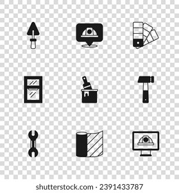 Set Wallpaper, Hammer, Worker safety helmet, Paint bucket with brush, Color palette guide, Trowel,  and Window room icon. Vector