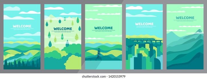 Set of wallpaper for vertical orientation. Vector abstract background. Minimalistic concept. Landscapes in eco style with copyspace