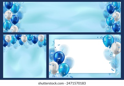 Set of wallpapers with 3d realistic blue cyan glossy helium balloons and confetti as a frame with blank space for greeting text. Banners for birthday, celebration party, sale, opening, invitation