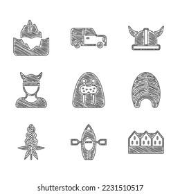 Set Walrus animal, Kayak and paddle, Norwegian wooden house, Fish steak, Lupine flower, Viking head, horned helmet and Iceberg icon. Vector