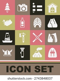 Set Walrus animal, Waterfall, Mountains, Flag of Iceland, Bottle vodka, Map, Tree and Fish steak icon. Vector