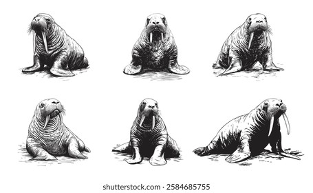 Set of walrus vector illustrations - hand drawn walrus - black and white walrus isolated on white background