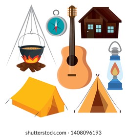 set of wanderlust adventure with camping and hiking tourism