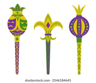 Conjunto de varitas para la mascarada del Mardi Gras, símbolos de cetro de poder para el séquito y diseño de un cartel festivo o Ilustración vectorial de volante