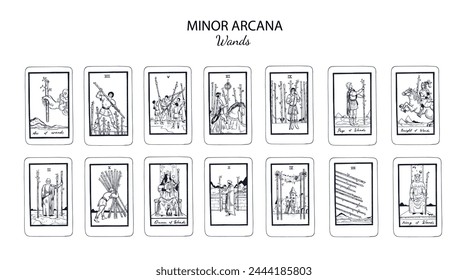 Conjunto de varitas en la cubierta oculta de cartas de tarot. Diseños de arcanas menores engastados con signos y símbolos de As, Caballero, Rey, Reina, Página de Varitas en estilo moderno. Esbozo aislado grabado Ilustraciones vectoriales