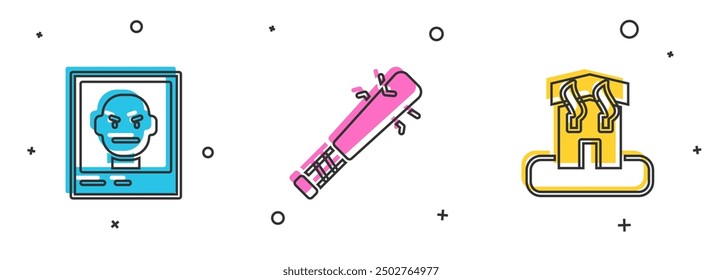 Set Wanted poster, Baseball bat with nails and Arson home icon. Vector