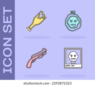 Set Wanted poster, Broken bottle as weapon, Police shotgun and Murder icon. Vector