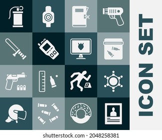 Set Wanted poster, Hexagram sheriff, Evidence bag with bullet, Police station folder, Walkie talkie, rubber baton, Hand smoke grenade and database icon. Vector