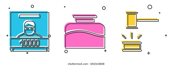Set Wanted poster, Inkwell and Judge gavel icon. Vector