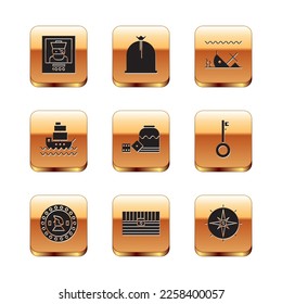 Set Wanted poster pirate, Pirate coin, Antique treasure chest, game dice, Ship, Sunken ship, Wind rose and sack icon. Vector