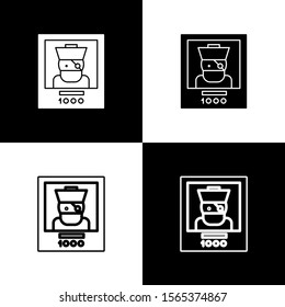 Set Wanted poster pirate icon isolated on black and white background. Reward money. Dead or alive crime outlaw.  Vector Illustration