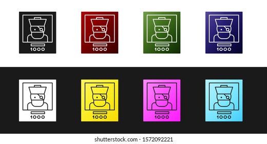 Set Wanted poster pirate icon isolated on black and white background. Reward money. Dead or alive crime outlaw.  Vector Illustration