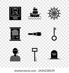 Se busca cartel pirata, barco, volante, capitán marinero, llave pirata, lápida con RIP escrito, decreto, pergamino, pergamino y telescopio Spyglass icono de lente. Vector