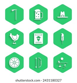 Set Wanted western poster, Bow and arrow in quiver, Desert landscape with cactus, Feather pen, Old wooden wheel, Wild saddle, Western cowboy hat and Tomahawk axe icon. Vector