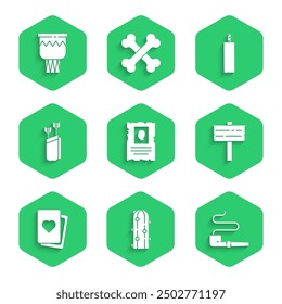Set Wanted western poster, Cactus, Smoking pipe, Road traffic signpost, Deck of playing cards, Quiver with arrows, Dynamite bomb and Drum icon. Vector