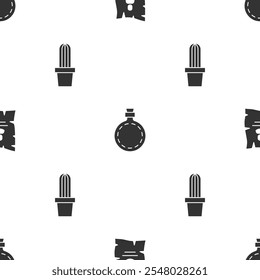 Set Wanted western poster, Canteen water bottle and Cactus peyote in pot on seamless pattern. Vector