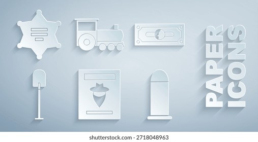 Conjunto de cartel occidental buscado, pila dinero en efectivo de papel, pala, bala, tren retro e icono de sheriff hexagrama. Vector