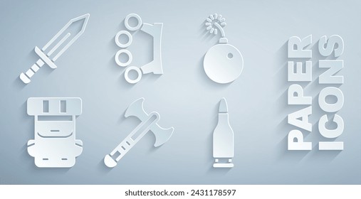 Set Hacha de guerra, Bomba lista para explotar, Mochila de senderismo, Bala, Nudillos de latón y Espada icono. Vector