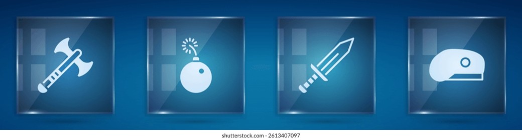 Set War axe, Bomb ready to explode, Sword and Military beret. Square glass panels. Vector