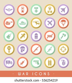 Set of War Icons on Circular Colored Buttons. Vector Isolated Elements.