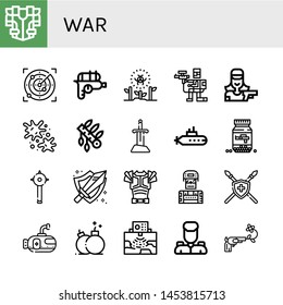 Set of war icons such as Armour, Radar, Water gun, Radioactive, Paintball, Shooter, Headdress, Sword, Submarine, Ammo, Mace, Armor, Soldier, Spear, Bomb, Military, Gun , war