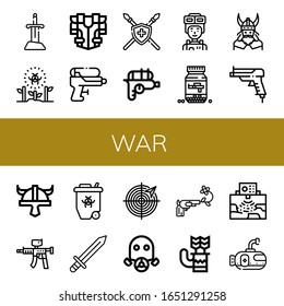 Set of war icons. Such as Sword, Radioactive, Armour, Water gun, Spear, Soldier, Ammo, Viking, Gun, Viking helmet, Paintball gun, Radar, Gas mask, Quiver, Submarine , war icons