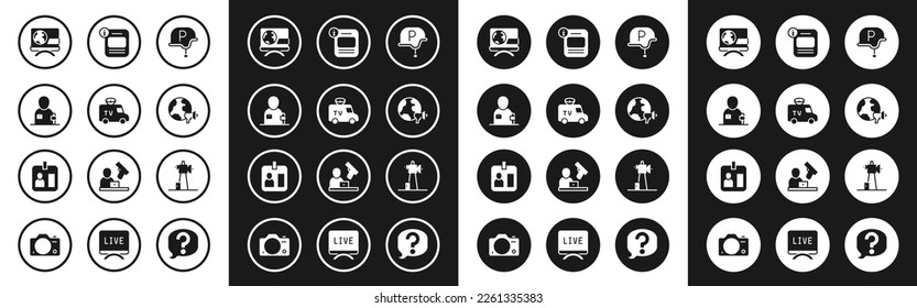 Set War journalist, TV News car, Journalist news, Breaking, World, Information, Antenna and id card icon. Vector