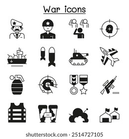 Conjunto de iconos de línea de Vector relacionados con la guerra. Contiene tales iconos como soldado, ejército, militar, marina, fuerza aérea, bomba, acorazado, avión y más
