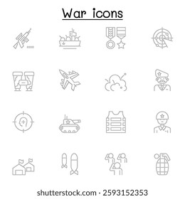 Set of War Related Vector Line icon. Contains such icon as soldier, army, military, navy, airforce, bomb, battleship, airplane and more