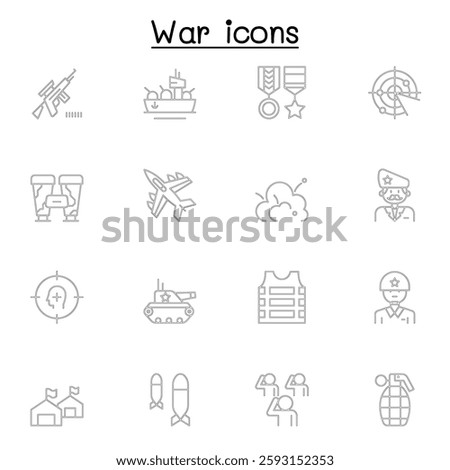 Set of War Related Vector Line icon. Contains such icon as soldier, army, military, navy, airforce, bomb, battleship, airplane and more