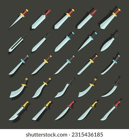 set of war swords daggers sharp blade illustration