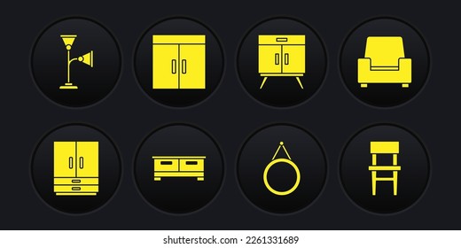 Set Wardrobe, Armchair, Chest of drawers, Mirror, Chair and Floor lamp icon. Vector