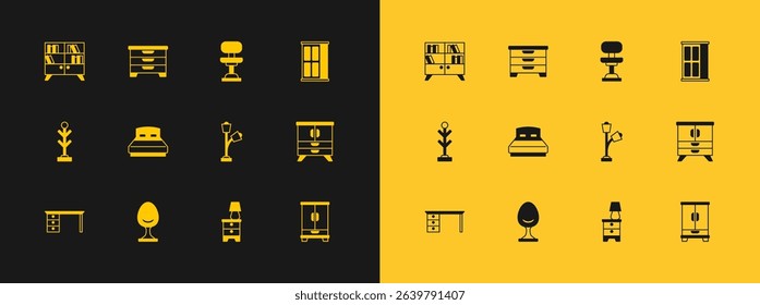Set Wardrobe, Armchair, Floor lamp, Furniture nightstand with, Big bed, Office, Library bookshelf and Chest of drawers icon. Vector