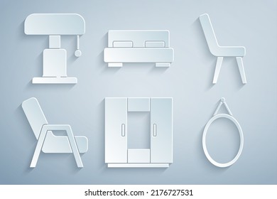 Set Wardrobe, Armchair, Mirror, Big Bed And Table Lamp Icon. Vector