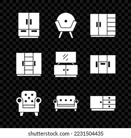 Set Wardrobe, Armchair, Sofa, Chest drawers,  and TV table stand icon. Vector