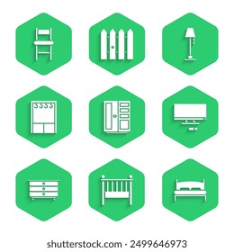 Set Wardrobe, Baby crib cradle bed, Big, Smart Tv, Chest of drawers, Floor lamp and Chair icon. Vector