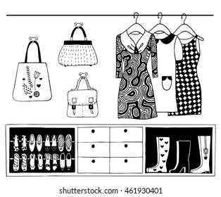 Set of wardrobe basics: dresses,handbag,purse,accessories,shoes,heels for woman. Abstract isolated design elements.Hand drawn vector black and white illustrations.Cartoon,doodle. Hallway with shelves.