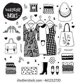 Set of wardrobe basics.Accessories:handbags, purses, rings.Shoes:high heels, boots for woman.Dresses on clothes hanger.Abstract isolated design elements.Hand drawn vector black and white illustration.