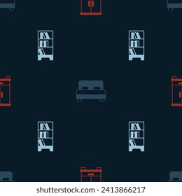 Set Wardrobe, Big bed and Library bookshelf on seamless pattern. Vector