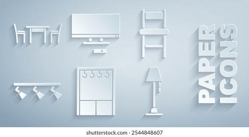 Set Wardrobe, Chair, Led track lights and lamps, Floor, Smart Tv and Wooden table with chair icon. Vector