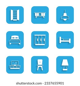 Set Wardrobe, Chair, Table lamp, Bed, TV table stand, Big bed, Lamp hanging and  icon. Vector