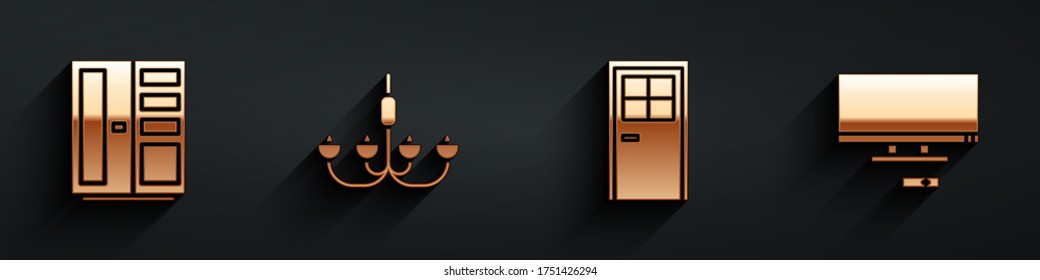 Set Wardrobe, Chandelier, Closed door and Smart Tv icon with long shadow. Vector