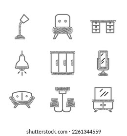 Set Wardrobe, Candelabro, Mesa de vestir, Gran espejo de cuerpo entero, Sofá, colgante de lámparas, escritorio de oficina e icono de lámpara de mesa. Vector