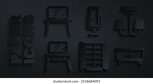 Set Schrank, Kronleuchter, Kleidertisch, Möbel Nachttisch, Großer Spiegel in voller Länge und TV-Symbol. Vektorgrafik