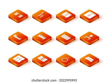 Set Wardrobe, Chest of drawers, Bed, Mirror, Big bed and Table lamp on table icon. Vector