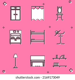 Set Wardrobe, Curtains, Chair, Kitchen dishwasher machine, Bunk bed, Coat stand, Floor lamp and Grand piano icon. Vector