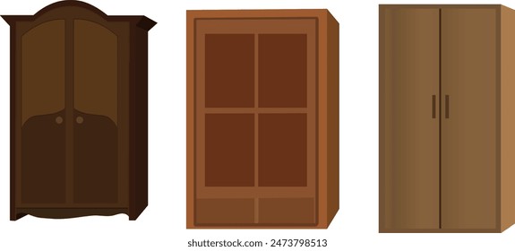 Set of Wardrobe in different design, modern and old design cupboard. Indian almirah vector illustration for cartoon animation