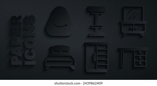 Set Wardrobe, Dressing table, Big bed, Office desk, Chair and Pouf icon. Vector