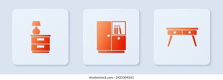 Set Wardrobe, Furniture nightstand with lamp and Office desk. White square button. Vector